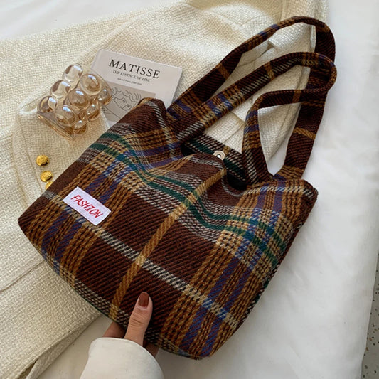 Tote Women's Bag Shoulder Wool Shopper Bags For Women Large Capacity Autumn Winter New Soft Plaid Ladies Travel Designer Handbag