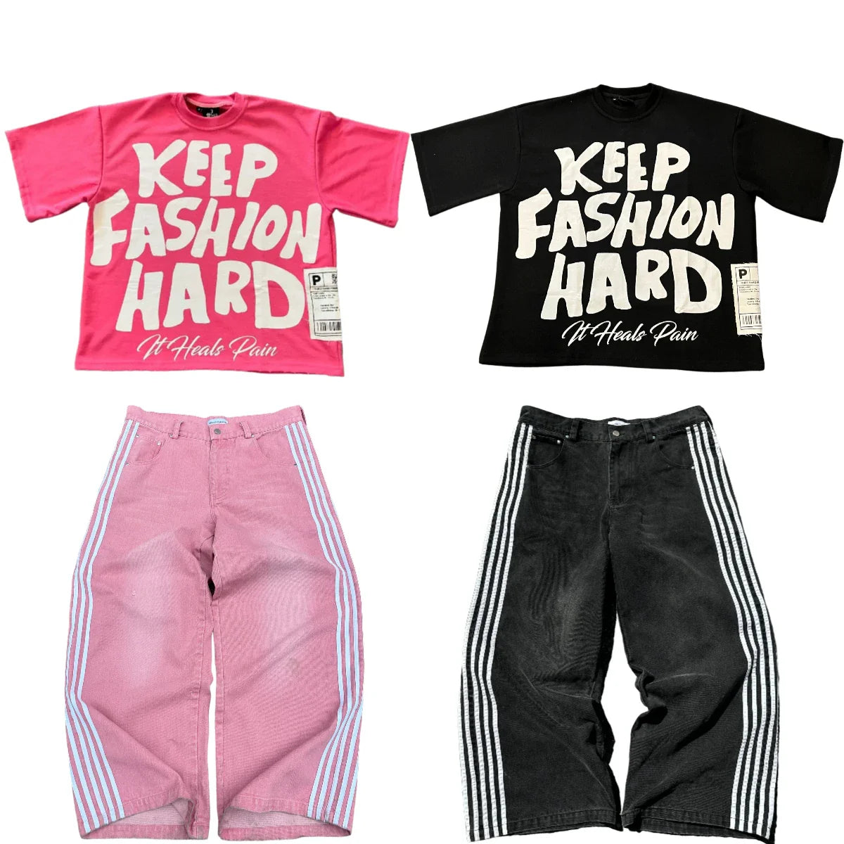 Ddbos Harajuku Tapout and Wexwear Set Graphic Stripe Stitch Jeans Y2K Black Jeans Skate Pants tracksuit t shirt for men Streetwear