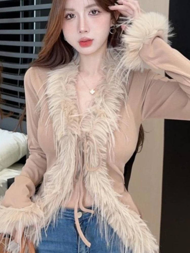 Ddbos Korean Y2k Aesthetic Elegant Fluffy Sweaters All Match Sweet Bandage Slim Sexy Coats Streetwear Fashion New Chic Cardigans Women