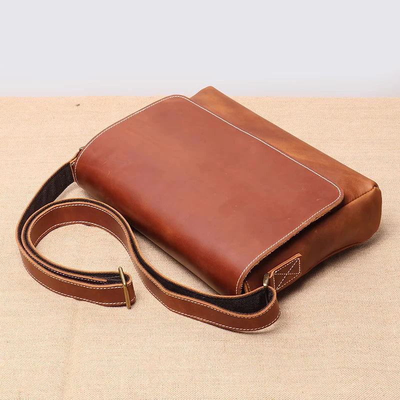 Ddbos Retro Top Layer Cowhide Leather Men's Flap Shoulder Bag Daily Casual Horizontal Crossbody Bag 9.7 Inches Ipad Bag