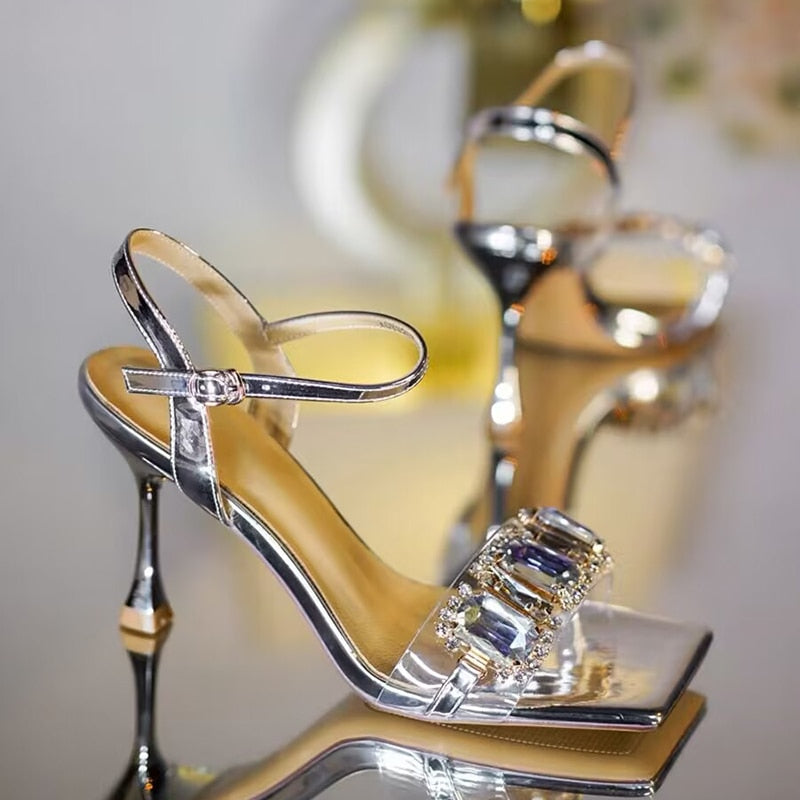 Ddbos Gold Silver High Heels Sandals Women Summer Square Toe Shiny Crystal Sandals Woman Ankle Straps Thin Heel Party Pumps Shoes