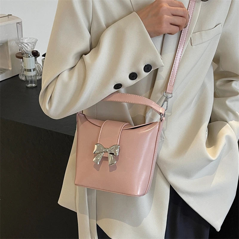 Ddbos Bow Tie Design Pu Leather Shoulder Bags for Women 2024 Winter Fashion Handbags Bucket Crossbody Bag with Short Handle