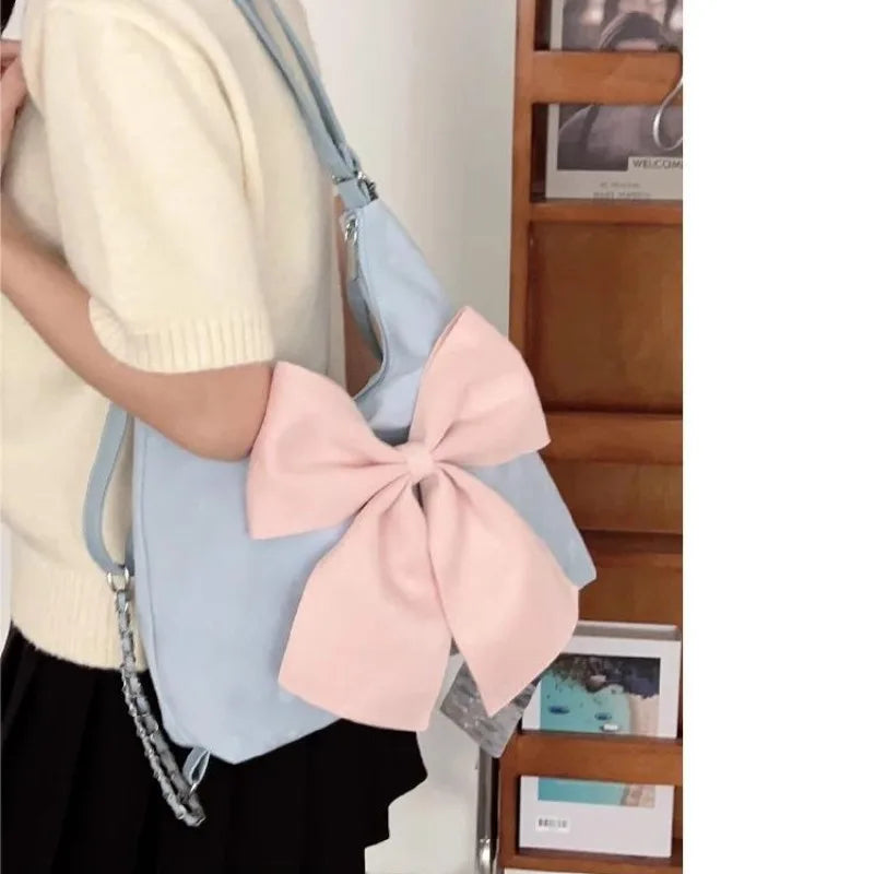 Ddbos Pink Bow Womens Shoulder Bag Korean Style Fashion Large Capacity Sweet Backpack Cute Exquisite Elegant New Female Tote Bag