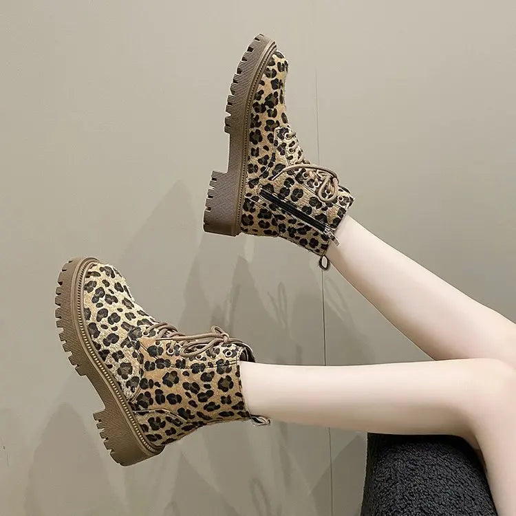 Ddbos Women Leopard Print Autumn/winter Thick Soled Lace up Fashion Boot Platform Comfort Waterproof Non Slip 42 Size Ankle Boots