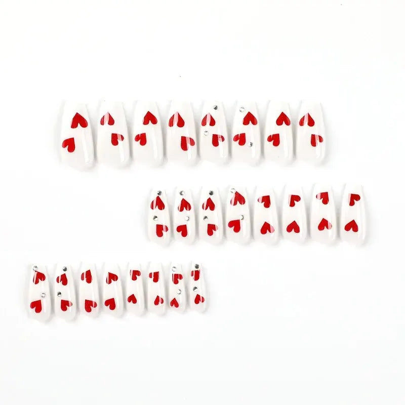 24 PCs Valentine's Day Long Coffin-shaped Novelty Air Rhinestones Love Nails with 1 File and 1 Jelly Glue