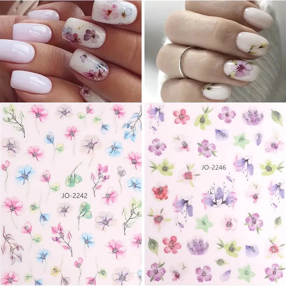 Ddbos 9PCS Spring Flower Nail Art Stickers, Holographic Ink Painting Flower Leaves Nail Transfer Decal Design Girls Nail Pendant