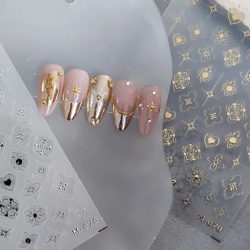 Ddbos 5D Realistic Relief Stamp Gold Silver Starlight Heart Symmetrical Floral Pattern Adheisve Nail Art Stickers Manicure DIY Decals