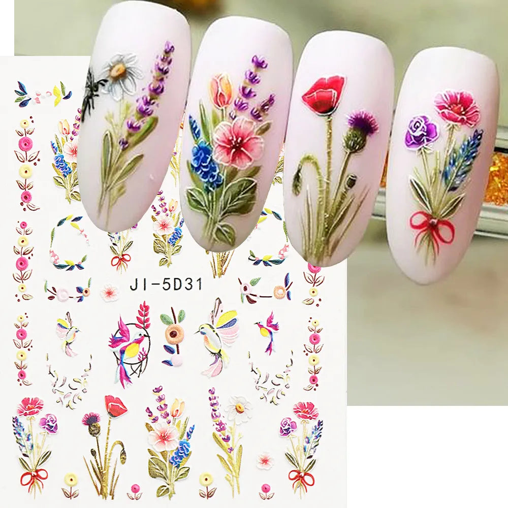 Ddbos 5D Embossed Nail Stickers Flowers Bird Geometric Lines Gold Frame Floral Nail Decals Cherry Blossom Y2K Manicure Decor