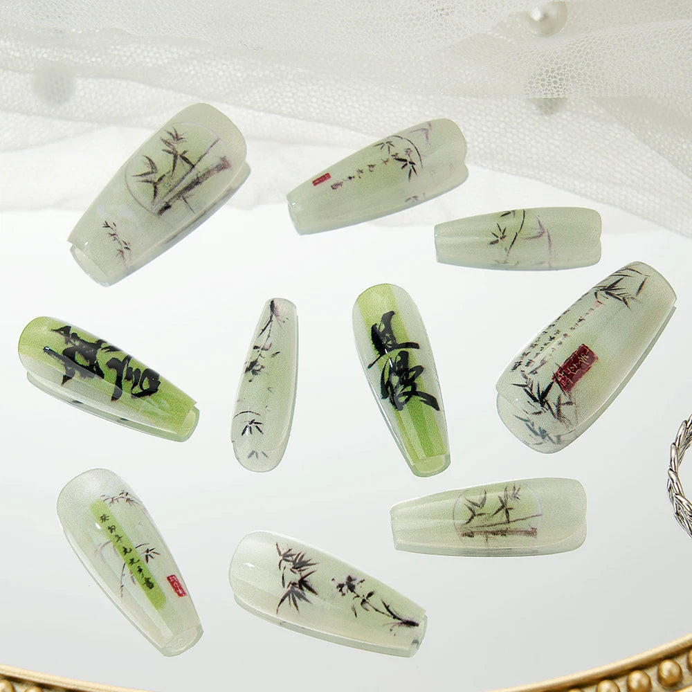 10PCS Glossy Handmade Fake Nails with Bamboo Leaf Design Pure Color Shiny Press on Nail Chinese Style Long False Art Nail Tips