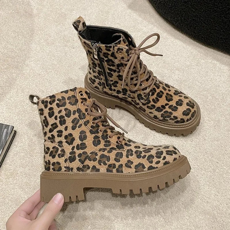 Ddbos Women Leopard Print Autumn/winter Thick Soled Lace up Fashion Boot Platform Comfort Waterproof Non Slip 42 Size Ankle Boots