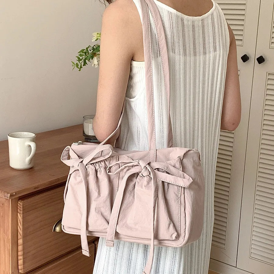 Ddbos Sweet Girls Bowknot Nylon Shoulder Women Bag Korean Niche Design Bow Summer Travel Beach Bag Female Totes Bags for Women Handbag