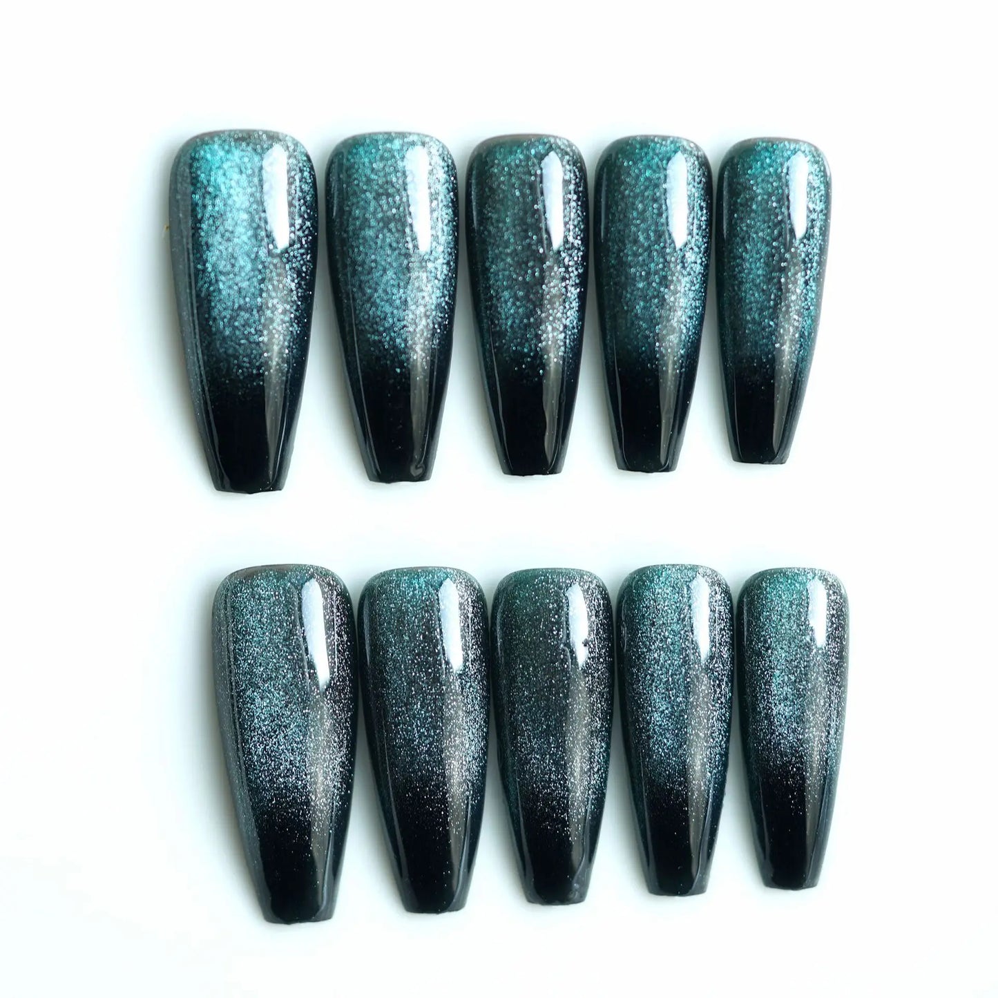 Ddbos 24pcs Cat Eye False Nail Deep Blue Color Fake Nail Tips Full Cover Nail Art Long Coffin Ballet Press on Nail Manicure Nail Tips