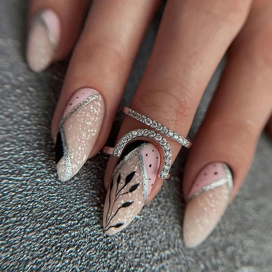 Ddbos 24Pcs Fashion Glitter Stripe False Nails Long Almond Lady Fake Fingernail Tip Leaves Design Press on Nails Wearable Fake Nails