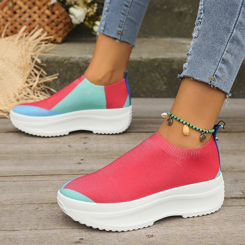 Ddbos Fashion Mix Color Chunky Sneakers for Women Autumn Thick Bottom Platform Sports Shoes Woman Slip On Knitted Vulcanize Shoes