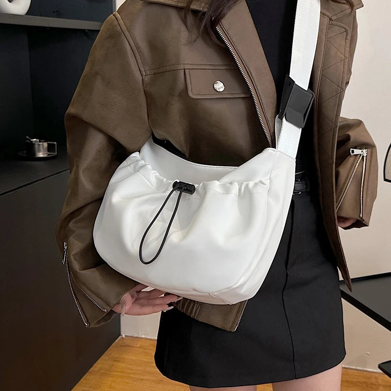 Ddbos Black Drawstring Solid Color Shoulder Bag for Women 2024 Casual Handbags Simple Travel PU Leather Crossbody Bags