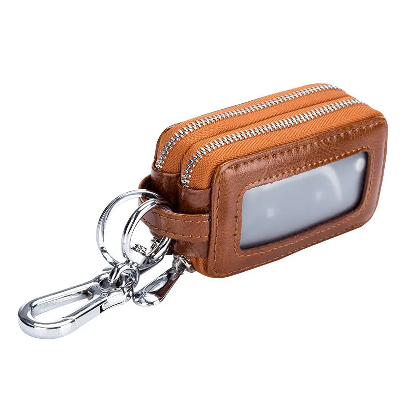 Car Key Chain, Universal Car Auto Split  Leather 2 Zipper Key Case Holder Storage Bag  For  Man