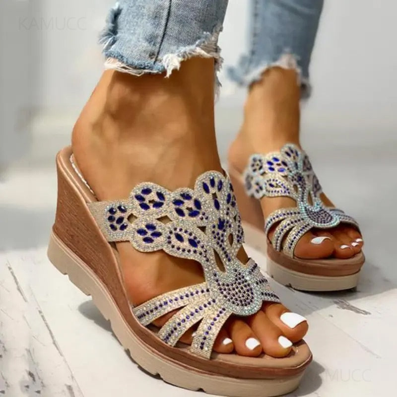 Ddbos Women Platform Sandals Woman Rhinestone Cut-out Wedge Sandals Female Open Toe Non-slip Slides Shoes Lightweight Outdoor Slippers