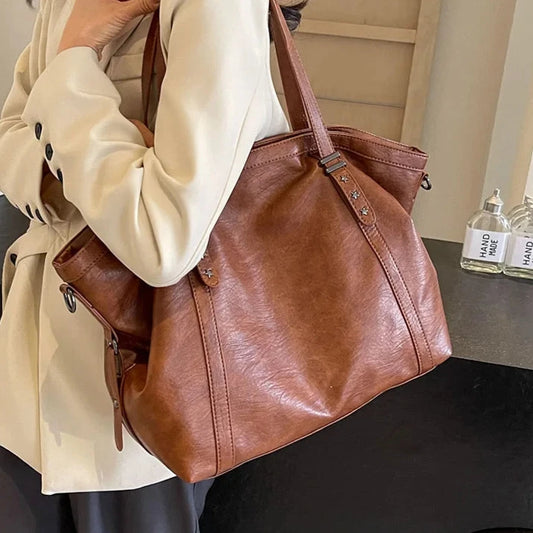 Retro Big PU Leather Shoulder Bags for Women 2024 Y2K Vintage Female Underarm Crossbody Bag Simple Solid Color Handbags