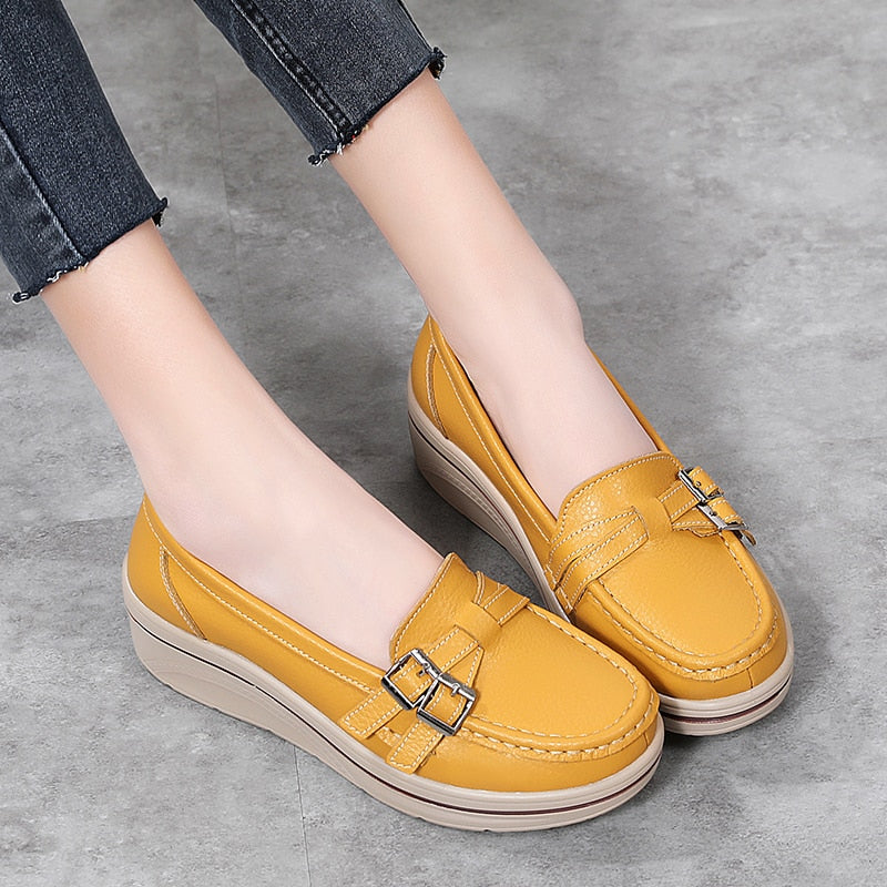 Ddbos New Spring Autumn Women Flats Platform Loafers Ladies Leather Comfort Wedge Moccasins Orthopedic Slip On Casual Shoes 35-42