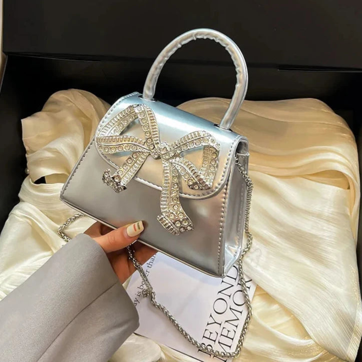 Bow Design Mini Shoulder Bags for Women 2024 Y2k Fashion Trend Designer Silver Crossbody Bag Female Chain Handbags and Purses