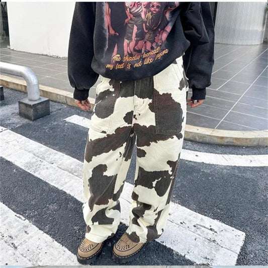 Ddbos Women's Cow Patterned Printed Casual Pants High Waisted Straight Vintage 90s Streetwear Female Casual Loose Tie Dye Trouser