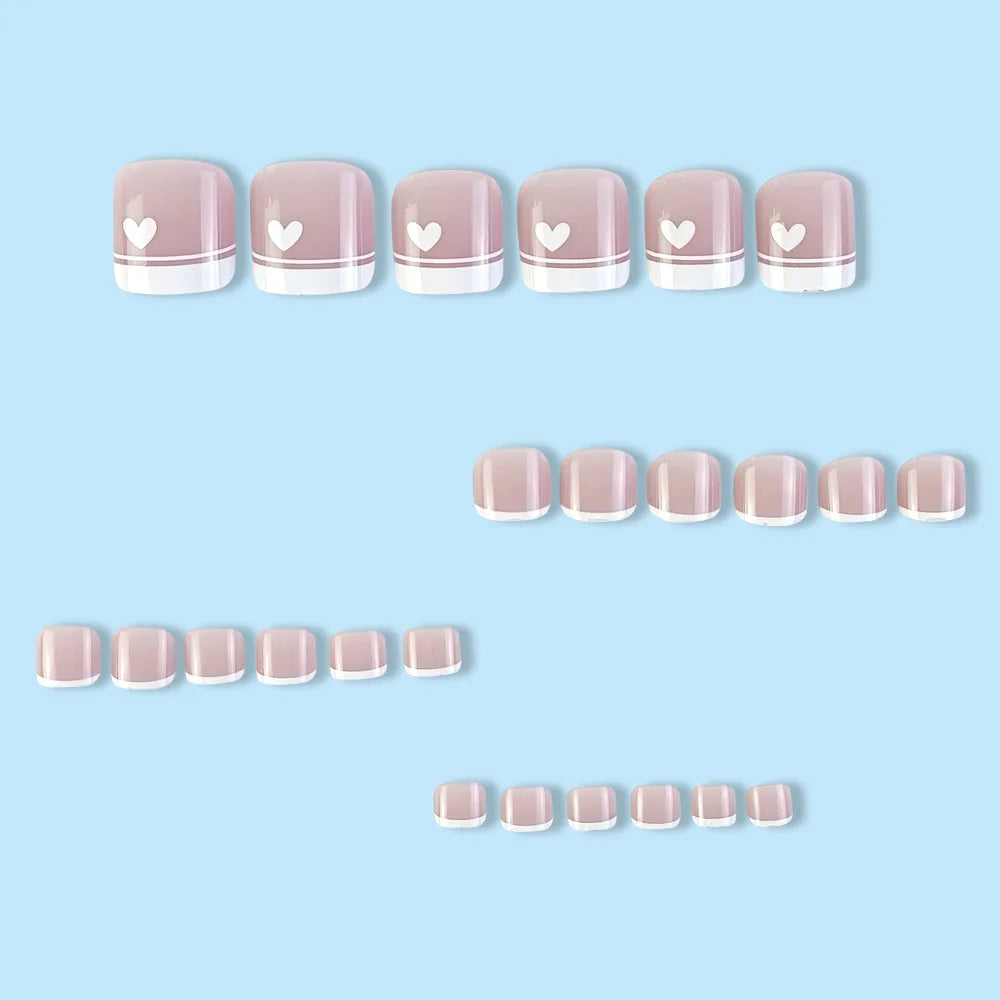 Ddbos 24 Pcs Glossy Toe Nails Pink And White False Nails French Style Fake Nails Heart Pattern  Artifical Reusable With Jelly Tabs