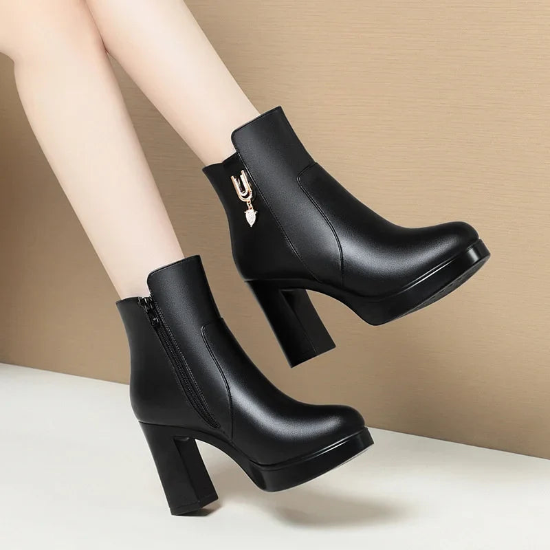 Ddbos Autumn Winter Women  Platform Shoes Warm Fleece Waterproof Short Leather Boots Luxury Black Super High Heel Ankle Boots