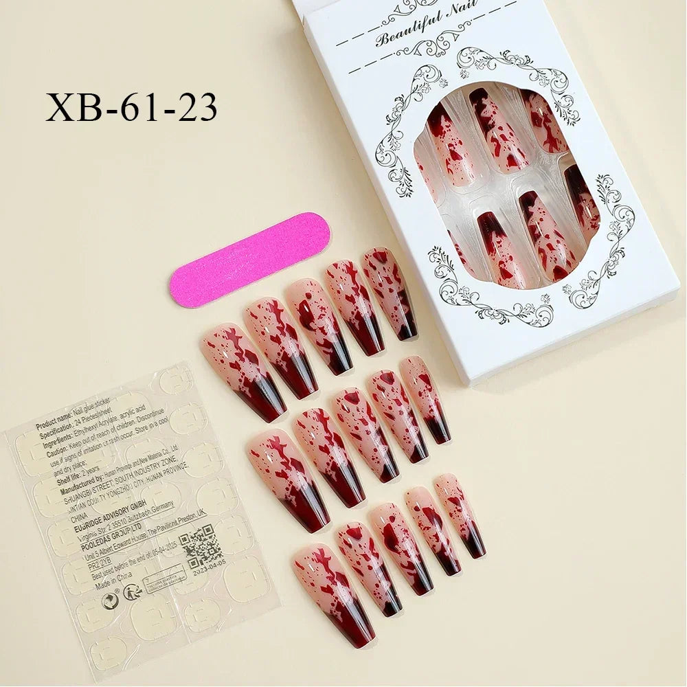 24PCS New Stiletto Fake Nails for Women Girls Blood Designs French Press on Nails Wearable Full Cover Red False Nails for Party