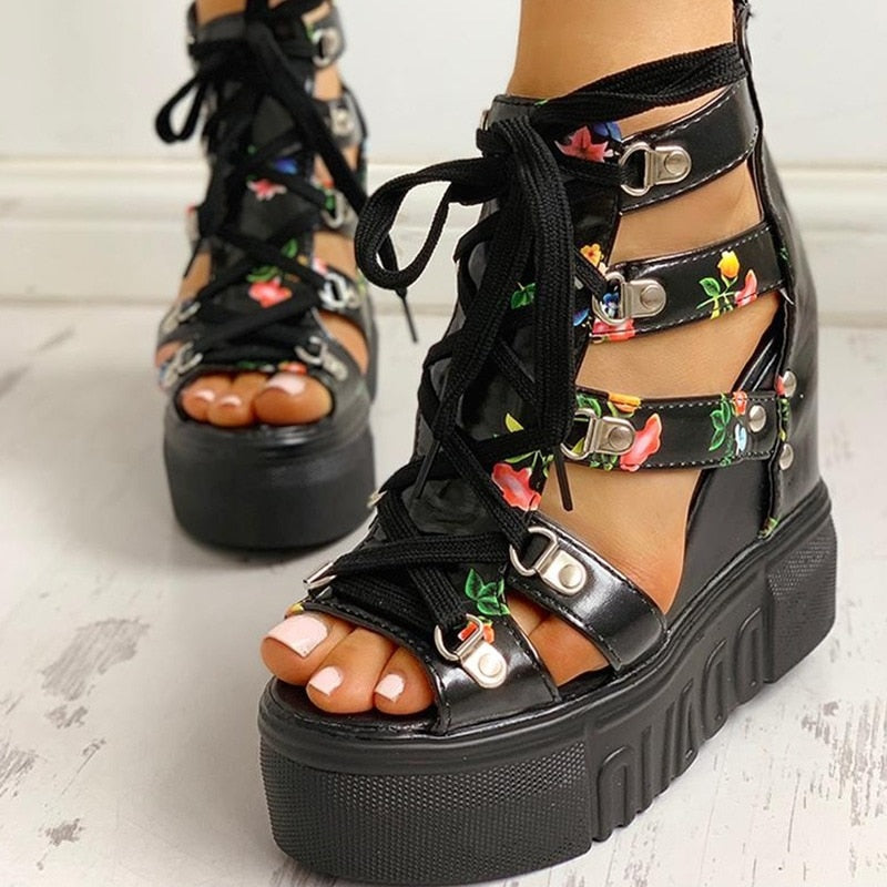 Summer Printing Casual Wedge Women's Shoes Women's Sandals Thick Sole Laces High Heels Casual Women's Shoes Zapatos Mujer