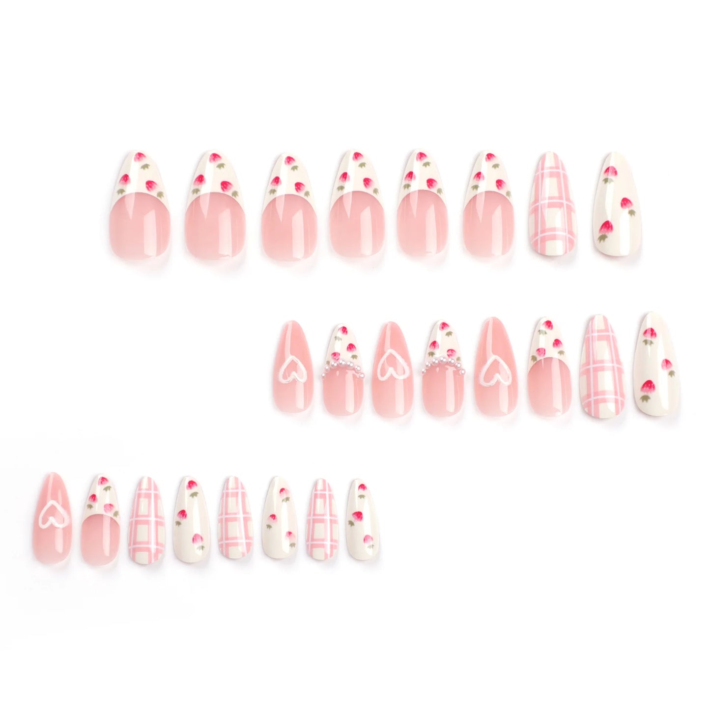 Sweet Strawberry Press on Nails French Pearl Design Almond False Nails Girl Gifts Detchable Full Cover Korean Fake Nail Patches
