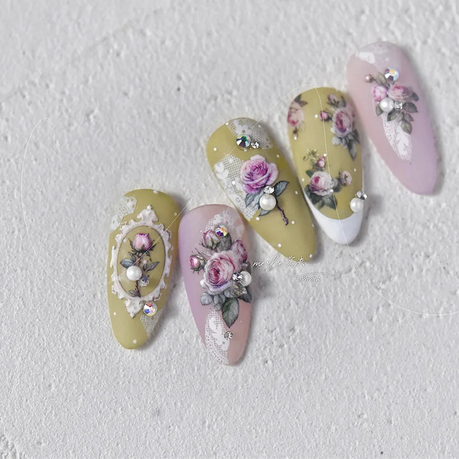 Japanese Small Pink Rose Flower With Crystal Pearl Nail Stickers High Quality Design Adhesive Decal Art Decoration