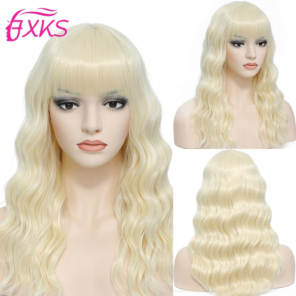 Ddbos Blonde Gold Short Wavy Synthetic Wigs With Bangs Brown Grey Silver Black Color Body Wave Hair Wigs 14Inch 200G For Women FXKS