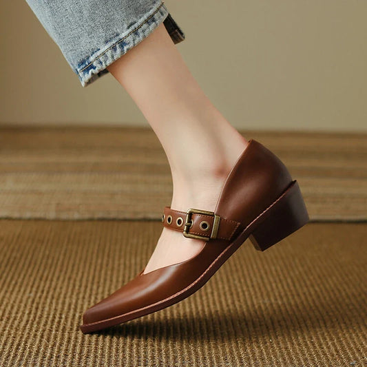 Spring/Autumn Women Pumps Split Leather Shoes for Women Pointed Toe Chunky Shoes Mid-Heel Mary Janes Retro Belt Buckle Shoes