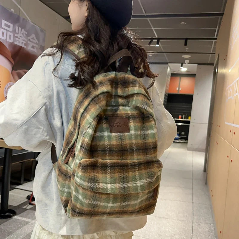 Ddbos BACK TO SCHOOL Vintage Plaid Woollen Cloth Women's Backpack Student Book Backpacks for Teenage Girls School Bags Large CapacityTravel Rucksack