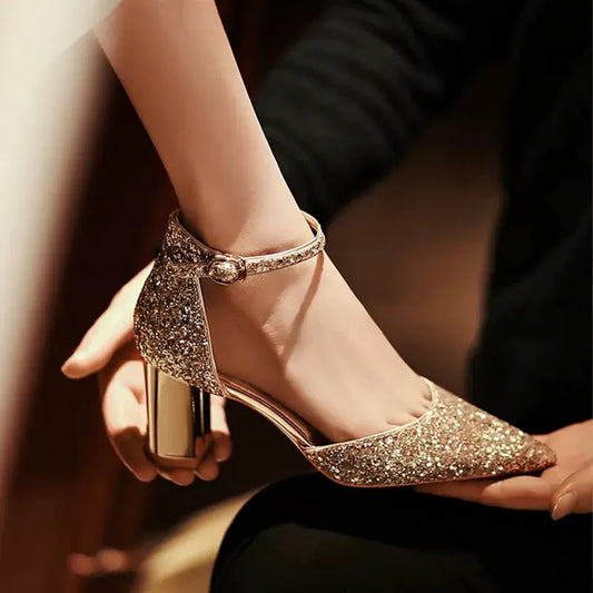 Ddbos Luxury Gold Silver Sequins High Heels Pumps Women Pointed Toe Ankle Straps Wedding Shoes Woman Thick Heeled Party Shoes