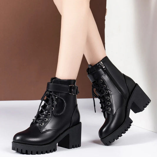 Thick Heel Ankle Boots for Women New Black Leather PU High Heels Shoes Woman Autumn Winter Platform Motorcycle Boots Women