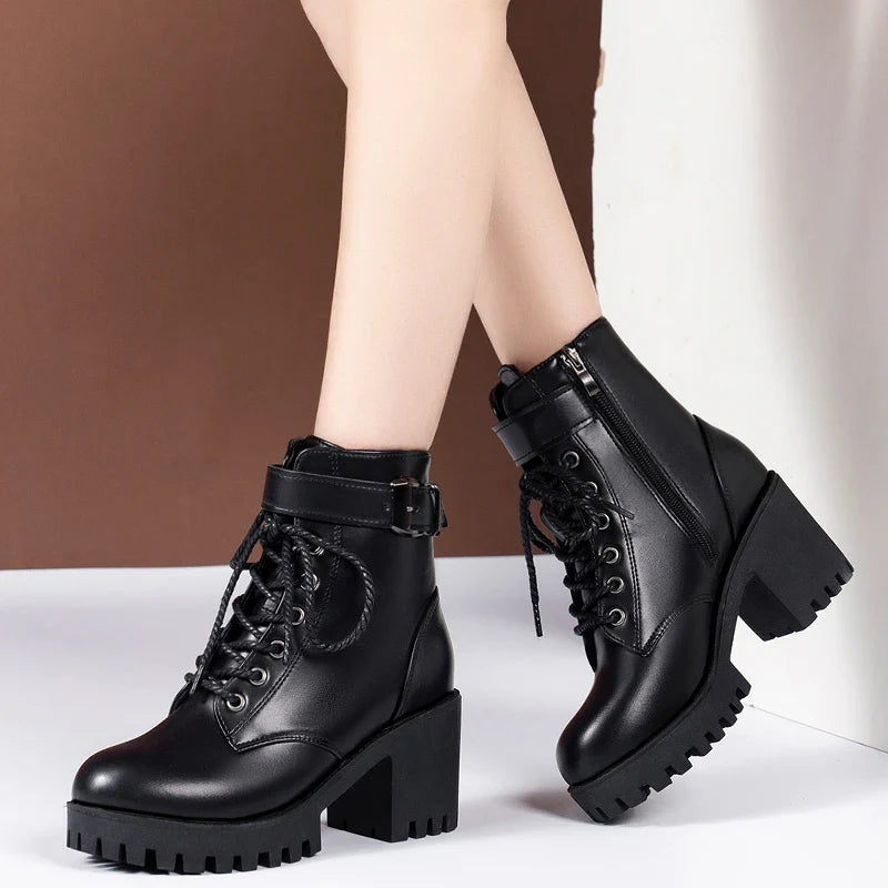 Ddbos Thick Heel Ankle Boots for Women New Black Leather PU High Heels Shoes Woman Autumn Winter Platform Motorcycle Boots Women