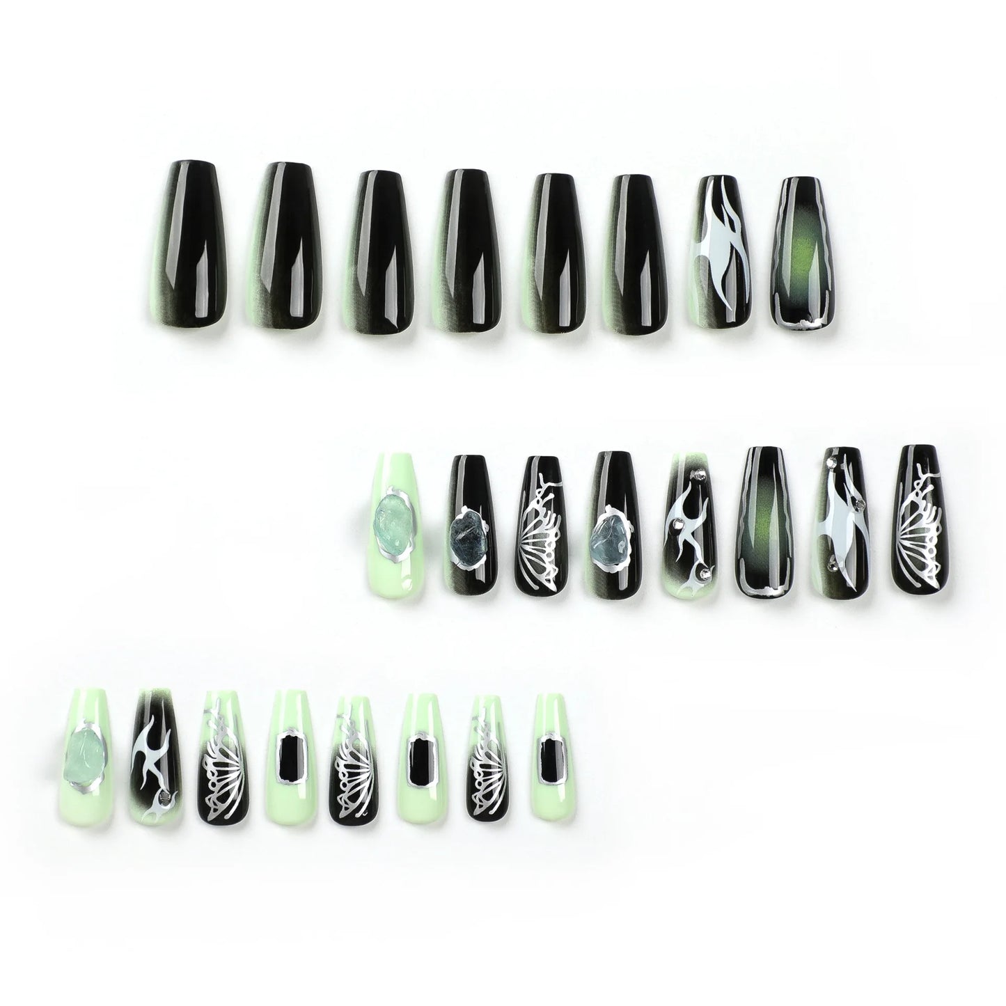 Ddbos 24PCS Long Ballet French Nail Art Fake Nails y2k Press On Black Green Gradient Nail Tips False Nails With Diamond Decoration