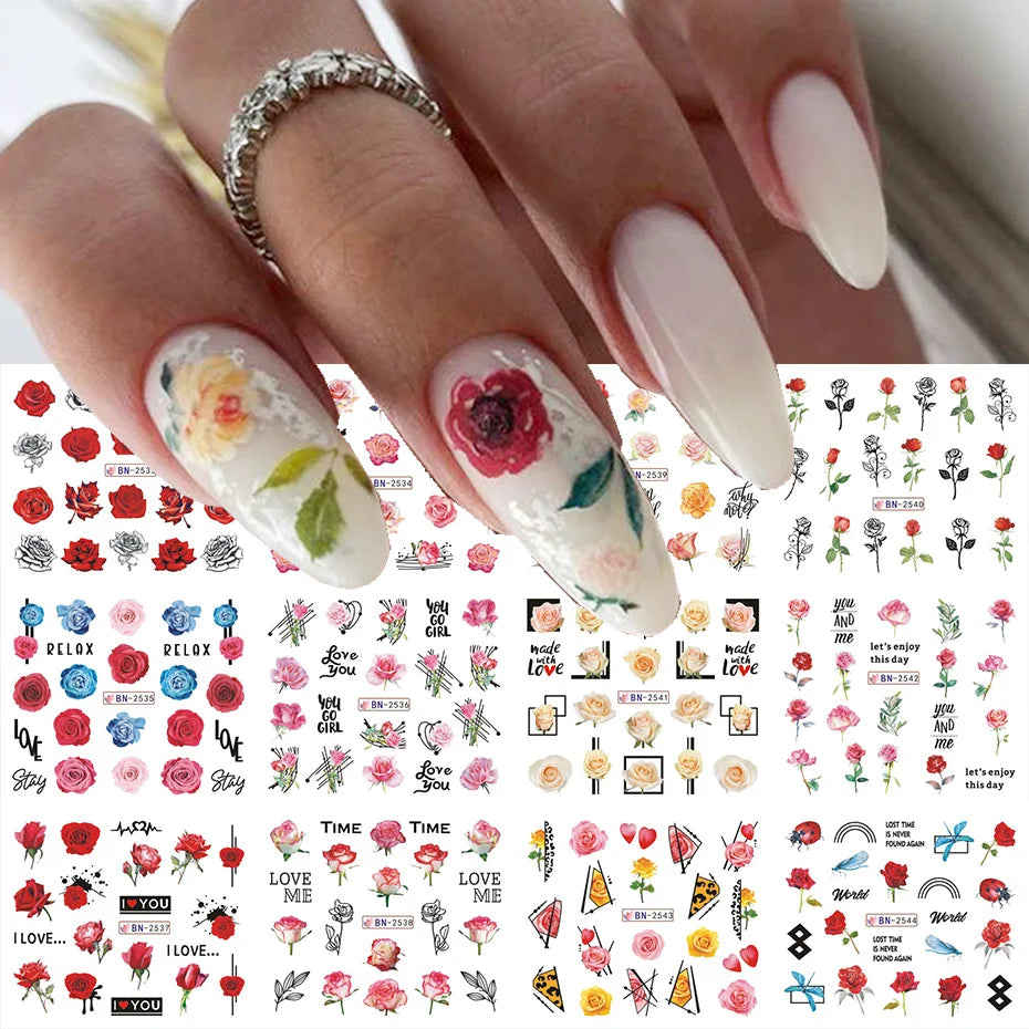 Ddbos 12 pcs Nail Sticker Set Summer Water Decal Nail Art Ink Flowers Leaves Graffiti Slider for Nail Decoration Foils Tattoo