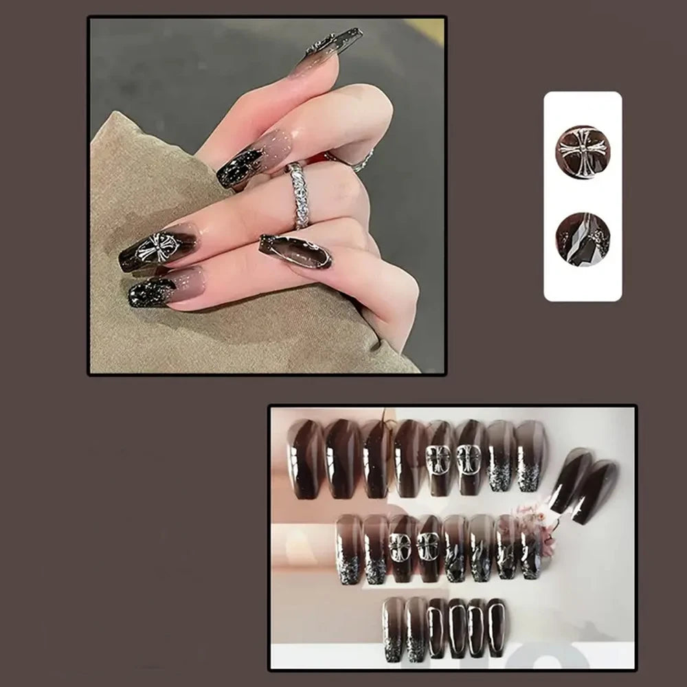 Ddbos Black Square Press On Nails with 3D Cross Designs - Full Cover Acrylic False Nails for Women and Girls Detachable Long Fake nail