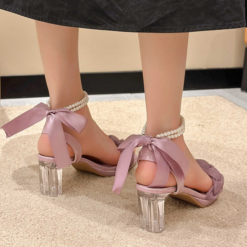Ddbos Cute Pink Lace Bowknot Sandals for Women Summer Pearl Ankle Strap Clear Chunky Heels Sandals Woman Party Dress Pumps Shoes