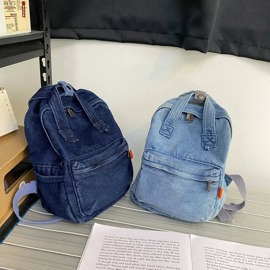 BACK TO SCHOOL Casual Denim Student Bag Portable Multi-functional Travel Backpack Light Blue Fashionable Denim Backpack