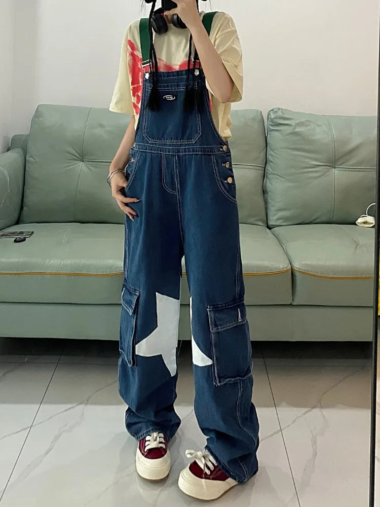 Ddbos Women's Star Printed Denim Rompers Strap Pants Spring Autumn New Chic Fashion Casual Jeans Female Straight Denim Trousers