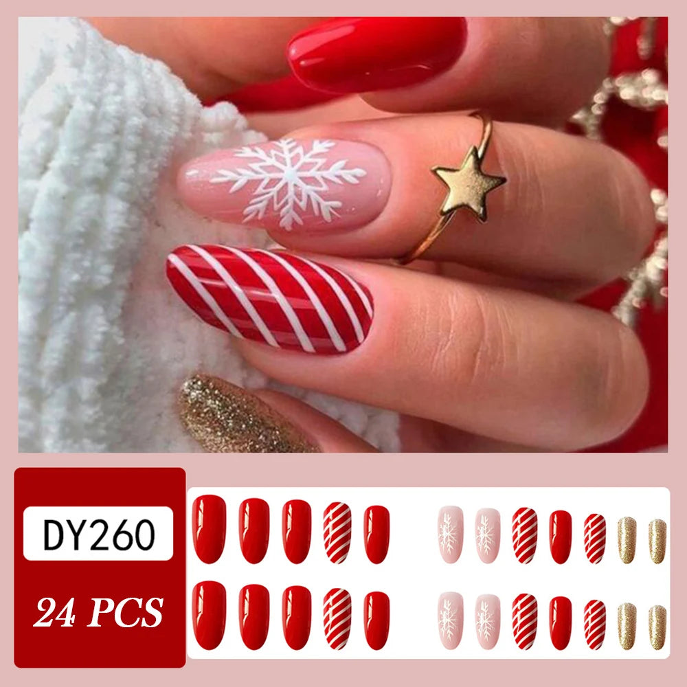 Ddbos New Christmas Fake Nails Cute Elk Snowflake Pattern Red Color Press on Nails Artificial Nails Tip Christmas Gifts for Girls