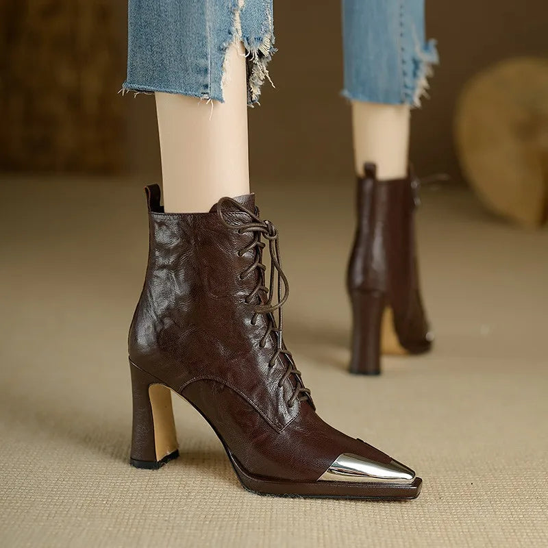 Ddbos 2024 Autumn Women Boots Square Toe High Heel Women Leather Shoes Women Suede Ankle Boots Winter Solid Elegant Modern Boots