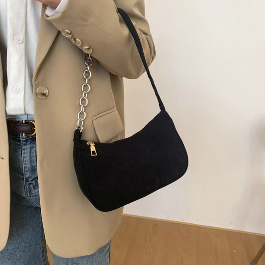 Fashion Vintage Women Handbags Corduroy Underarm Bag Casual Women Shoulder Bags Solid Color Zipper Female Handbag