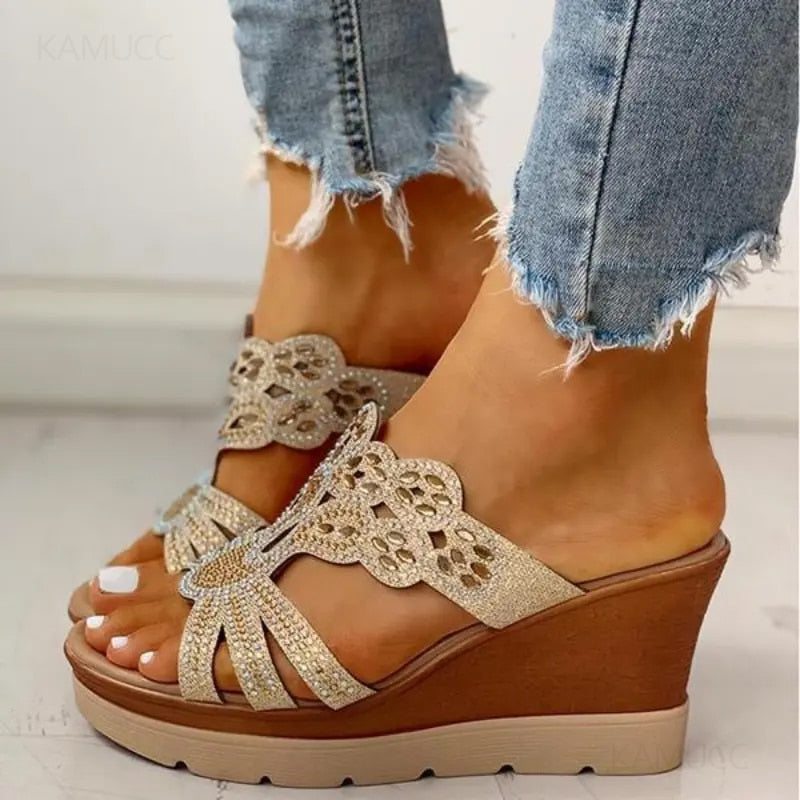 Ddbos Women Platform Sandals Woman Rhinestone Cut-out Wedge Sandals Female Open Toe Non-slip Slides Shoes Lightweight Outdoor Slippers