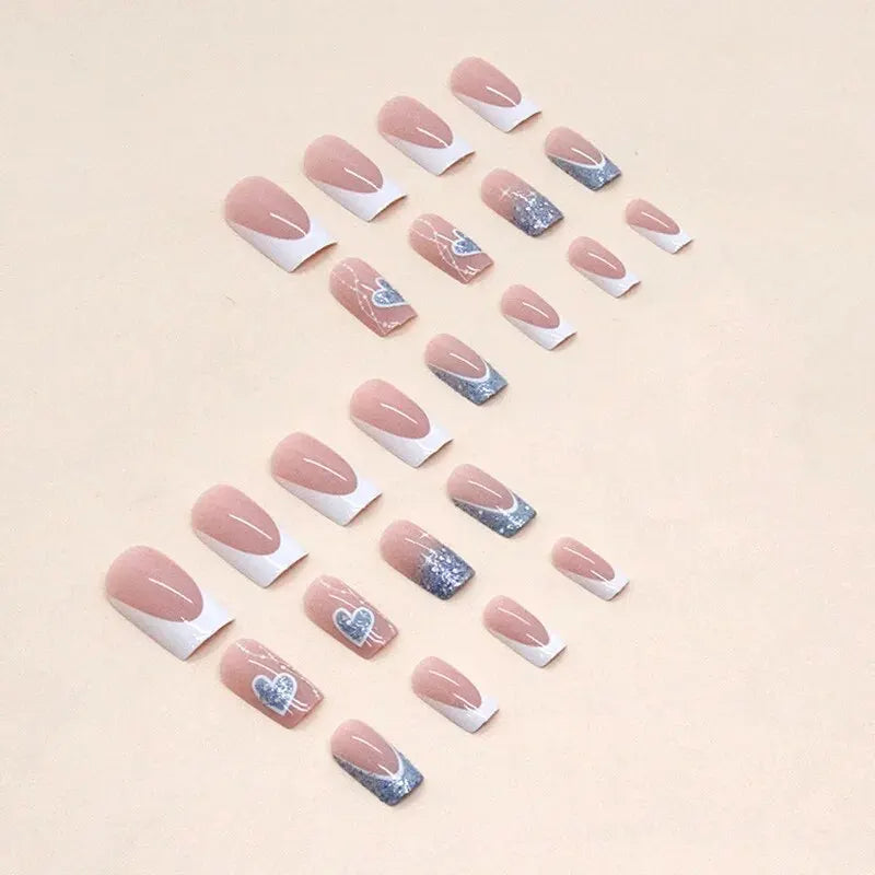 24 PCs Short French Pop Heart Nails