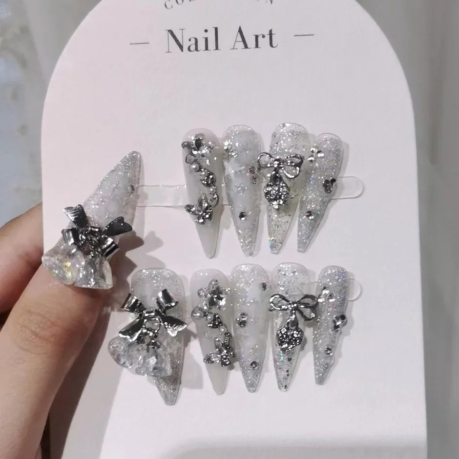 Luxury Glitter Handmade Nails Broken Diamond Gradient Fake Nails Snowflakes Nail Art Patches Bowknot Bells Christmas Nail