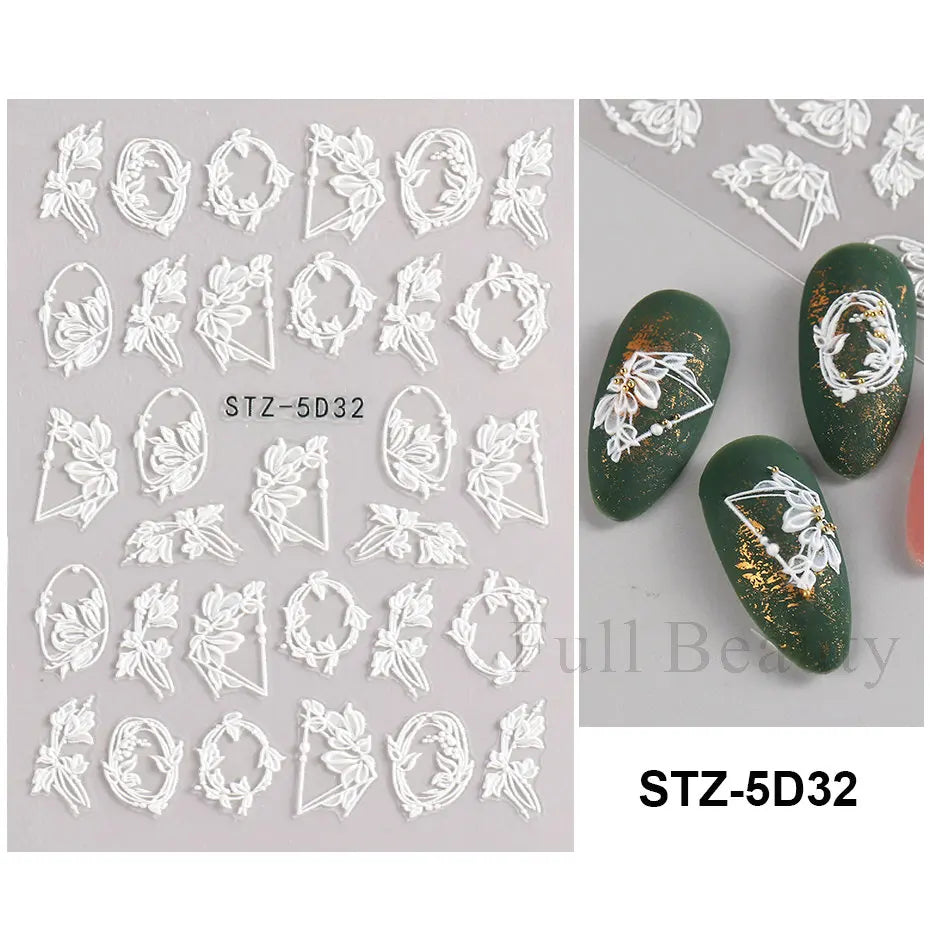 2Pcs 5D Acrylic Lace Flowers Nail Stickers Decals White Wedding Design Simple Floral Embossed Sliders DIY Nails Accesories